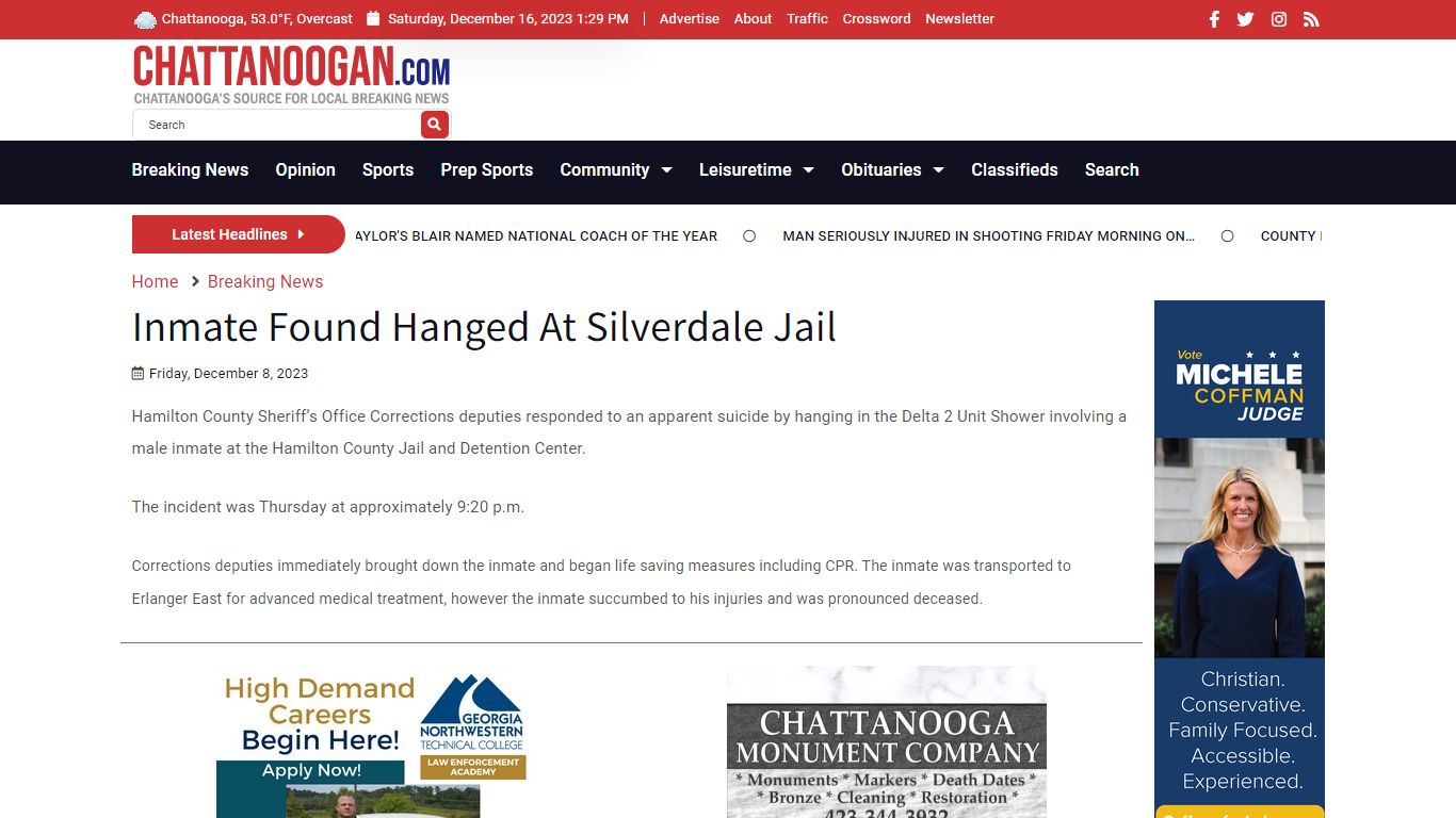 Inmate Found Hanged At Silverdale Jail - Chattanoogan.com